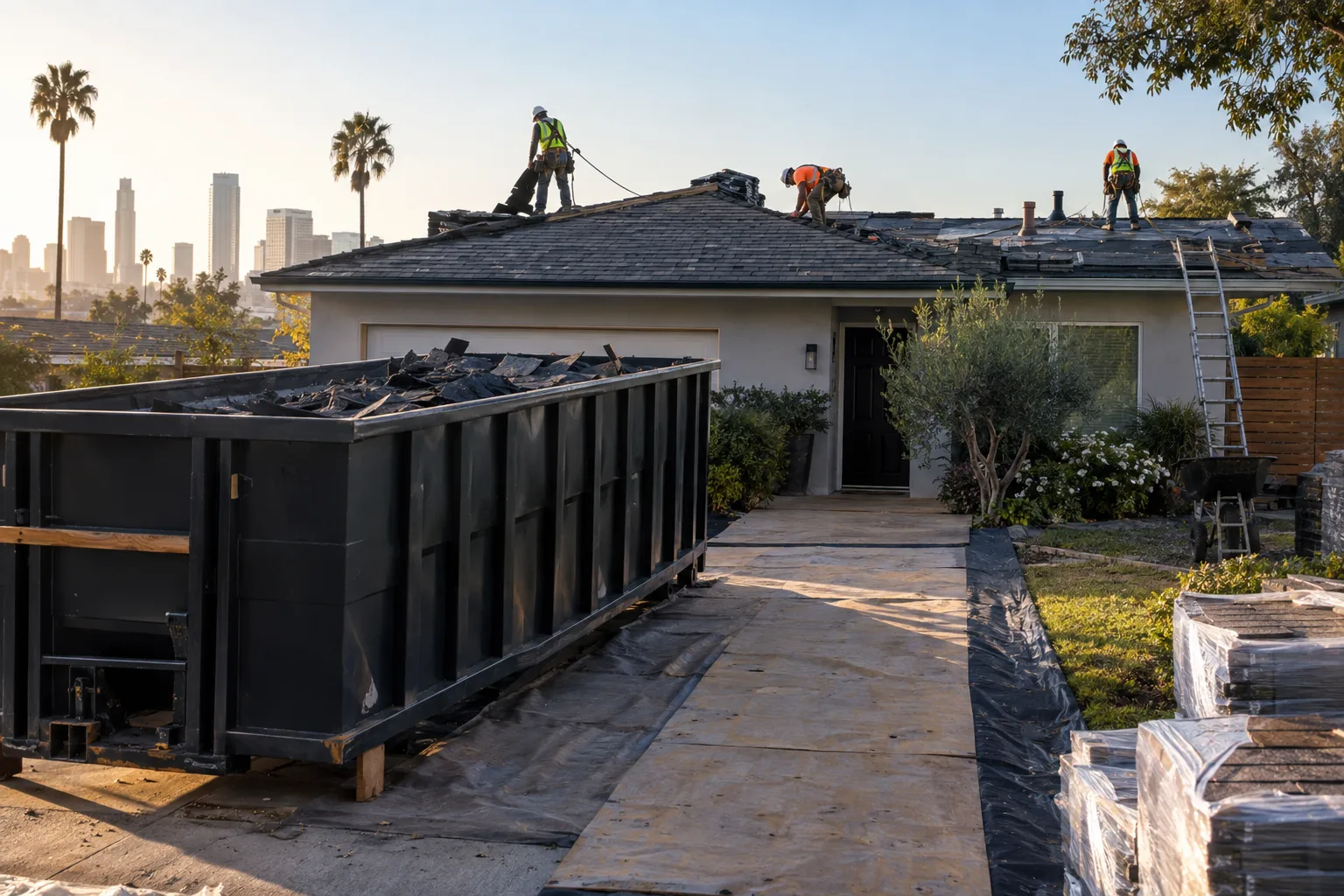Dumpster beside a roofing project